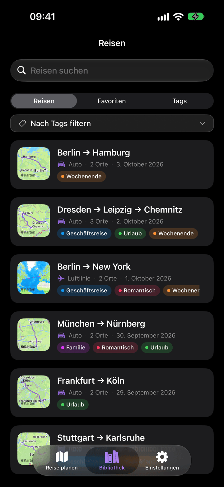 Bibliothek mit gespeicherten Reisen und Tags