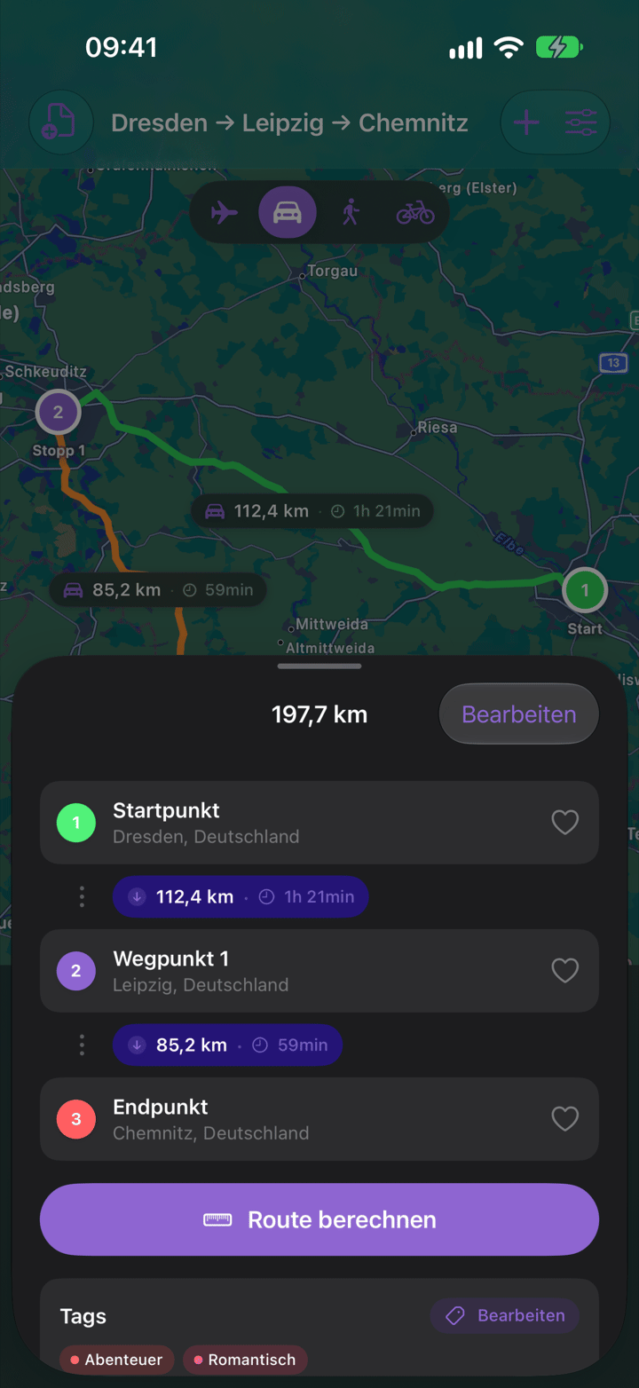 Routendetails mit Startpunkt, Wegpunkt und Endpunkt