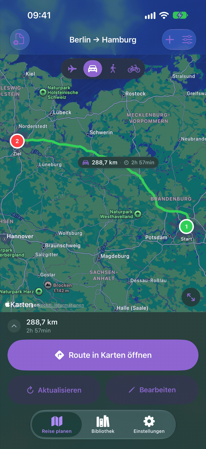 Reiseplaner mit einer Autoroute von Berlin nach Hamburg, Gesamtstrecke und Fahrzeit