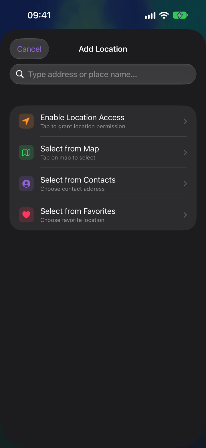 Options to add a location: search, current location, map, contacts and favorites