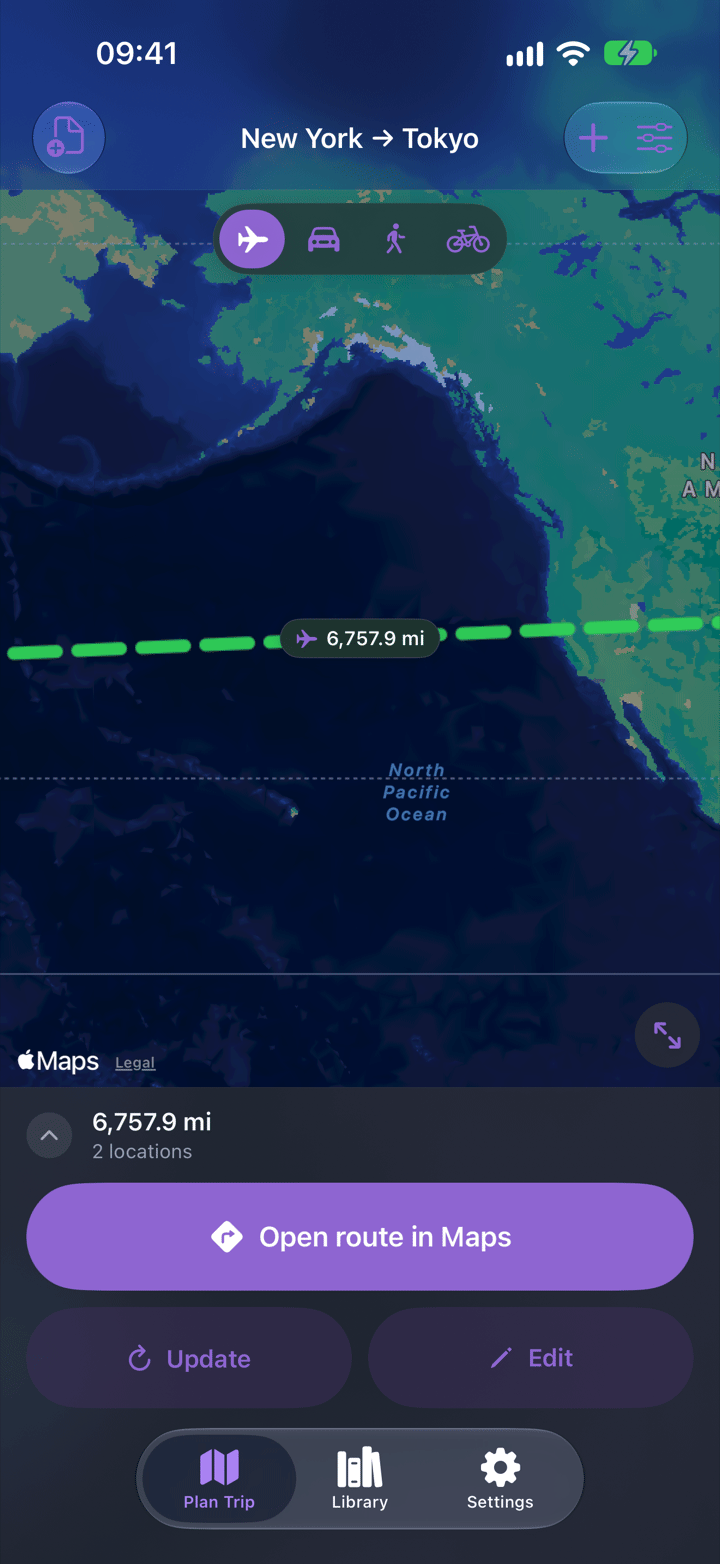 Air distance from New York to Tokyo as a straight line on the map