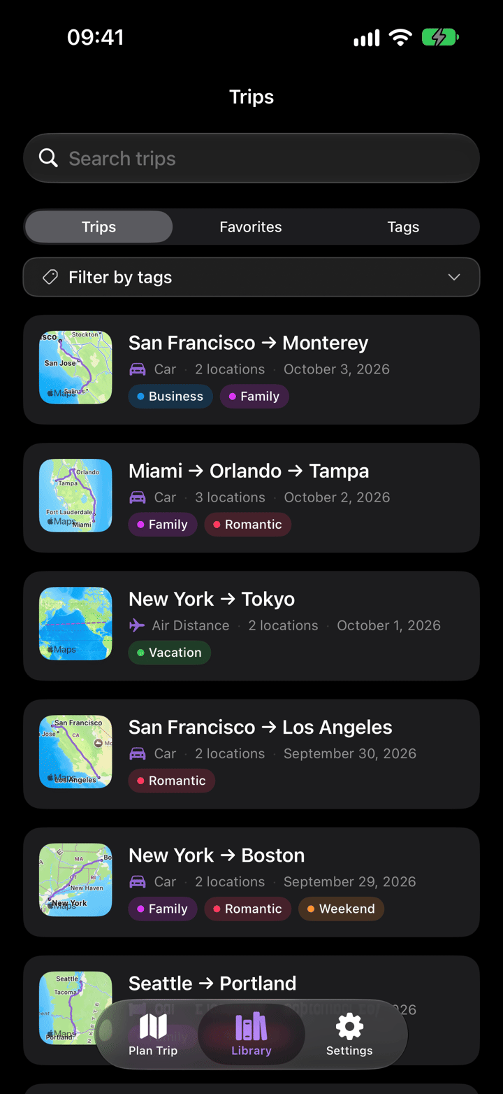 Library of saved trips with tags