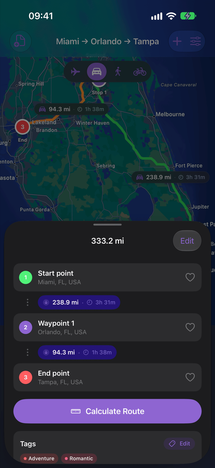 Route details with start point, waypoint and end point