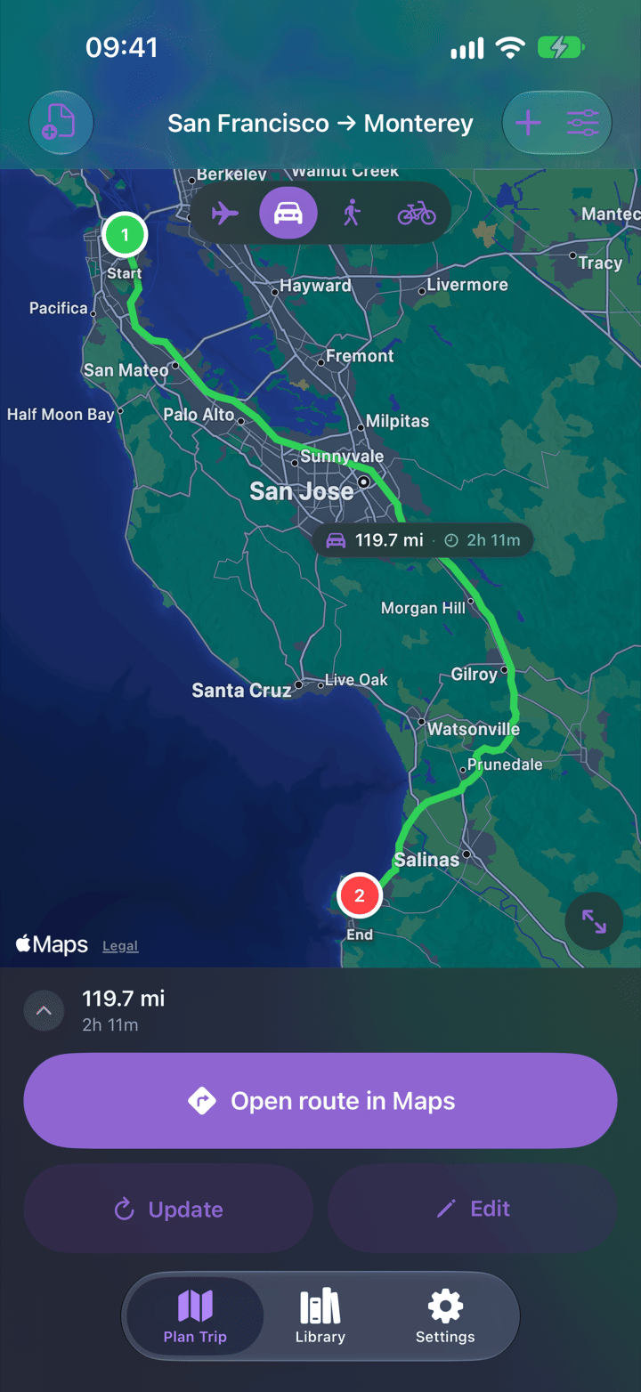 Trip planner with a driving route from San Francisco to Monterey, total distance and time